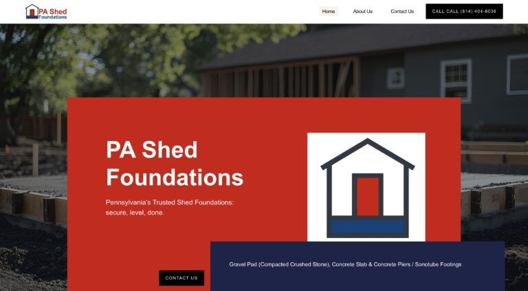 Website homepage for PA Shed Foundations, featuring a red section with text and a shed icon over a construction site background.